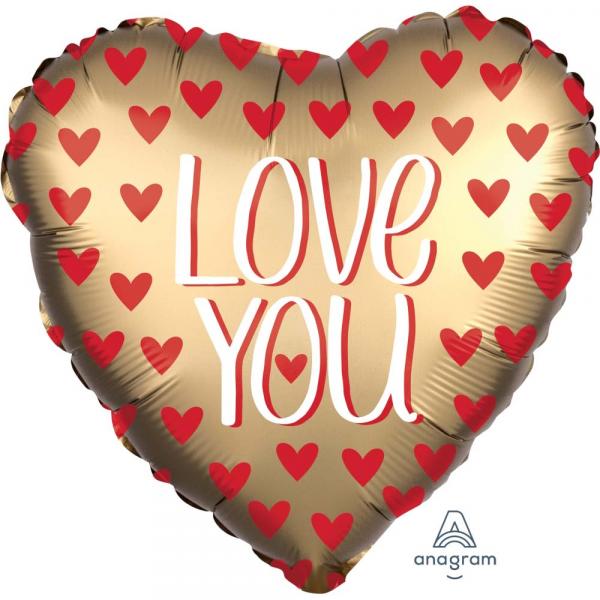 LOVE YOU Ballon in Gold matt mit roten Herzen